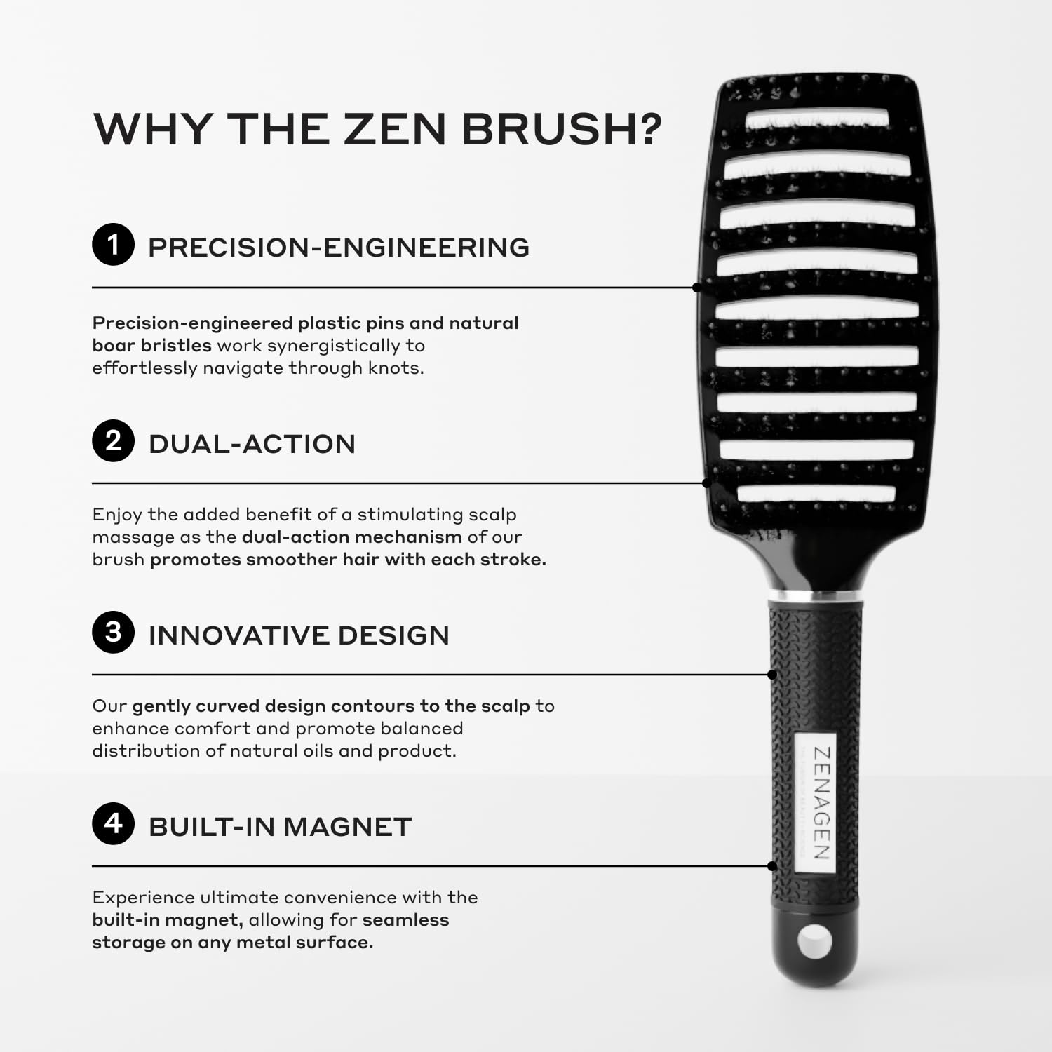 Zenagen Zen Brush ergonomic grip held mid-hair for controlled detangling