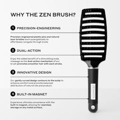 Zenagen Zen Brush ergonomic grip held mid-hair for controlled detangling