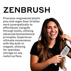 Zenagen Zen Brush close-up of plastic pins and boar bristles for gentle scalp massage