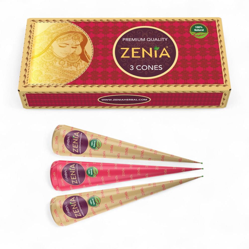 Zenia henna cone front view shows rich reddish-brown color