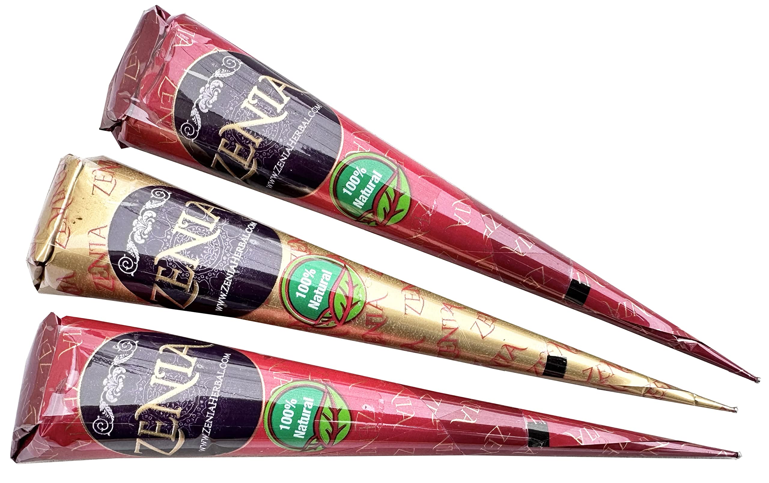 Zenia henna cone side view highlights portable single-use packaging