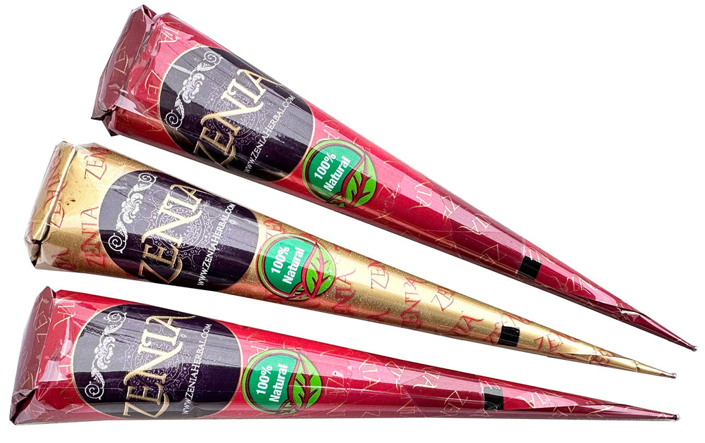 Zenia henna cone side view highlights portable single-use packaging