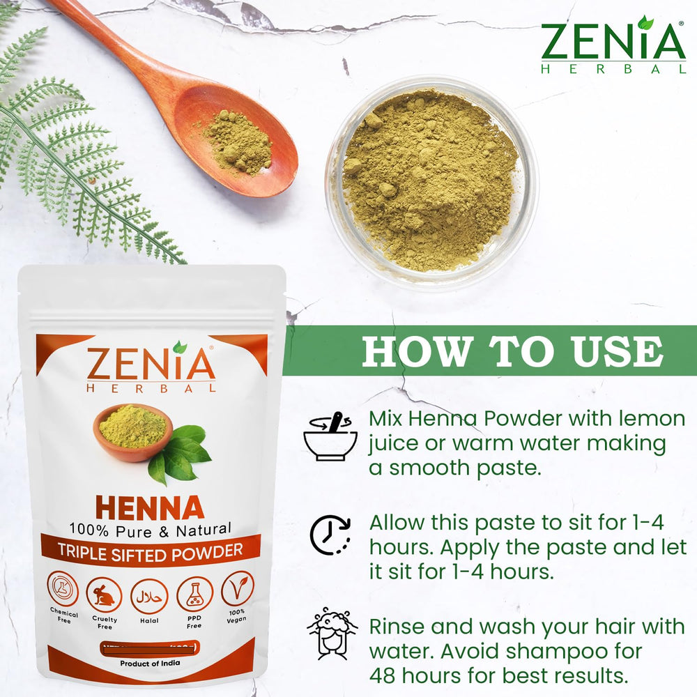 Zenia henna orange-red shade swatches illustrate real-life results across hair tones.