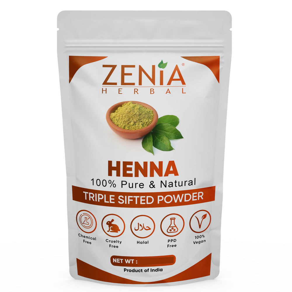 Zenia henna powder jar closeup showing pure, chemical-free color base for natural results.