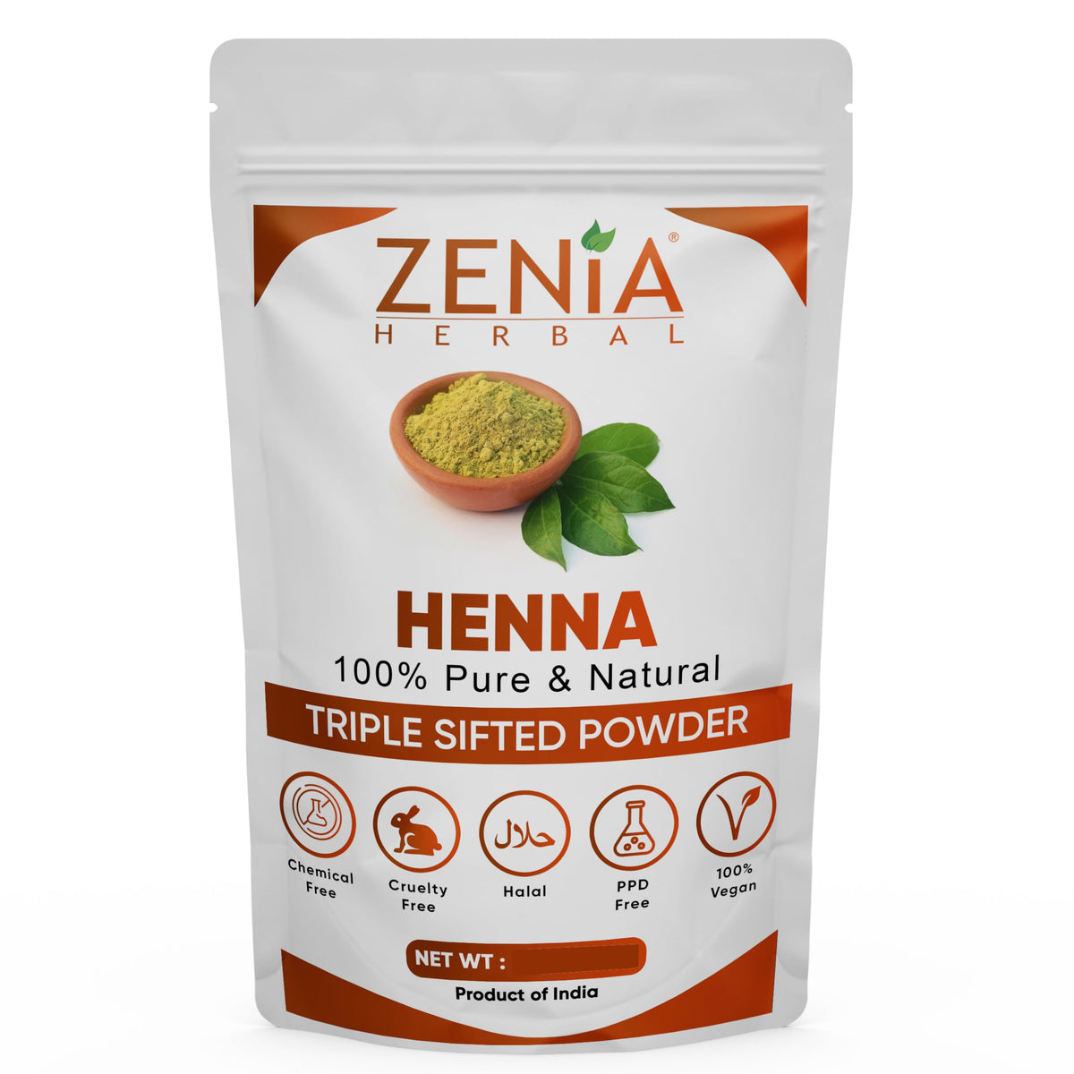 Zenia henna powder jar closeup showing pure, chemical-free color base for natural results.