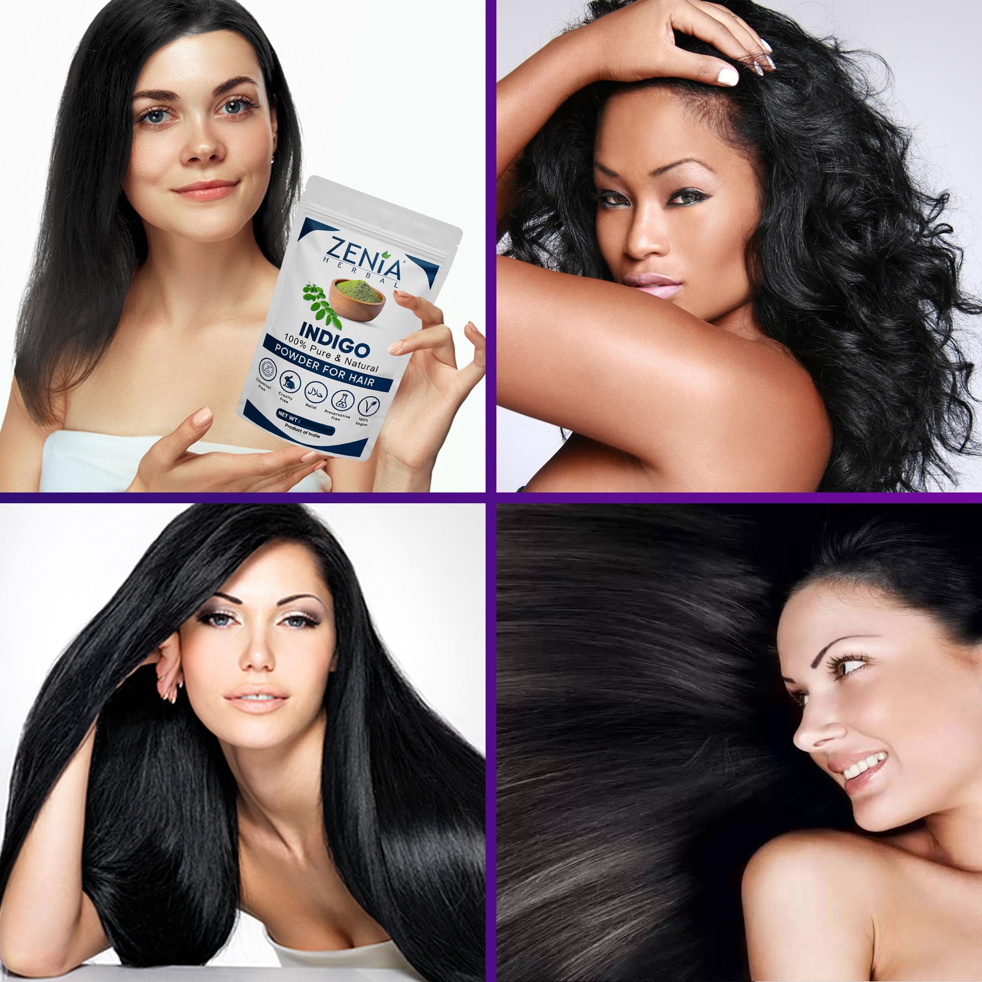 Zenia Indigo powder final color result on hair showing rich black shade