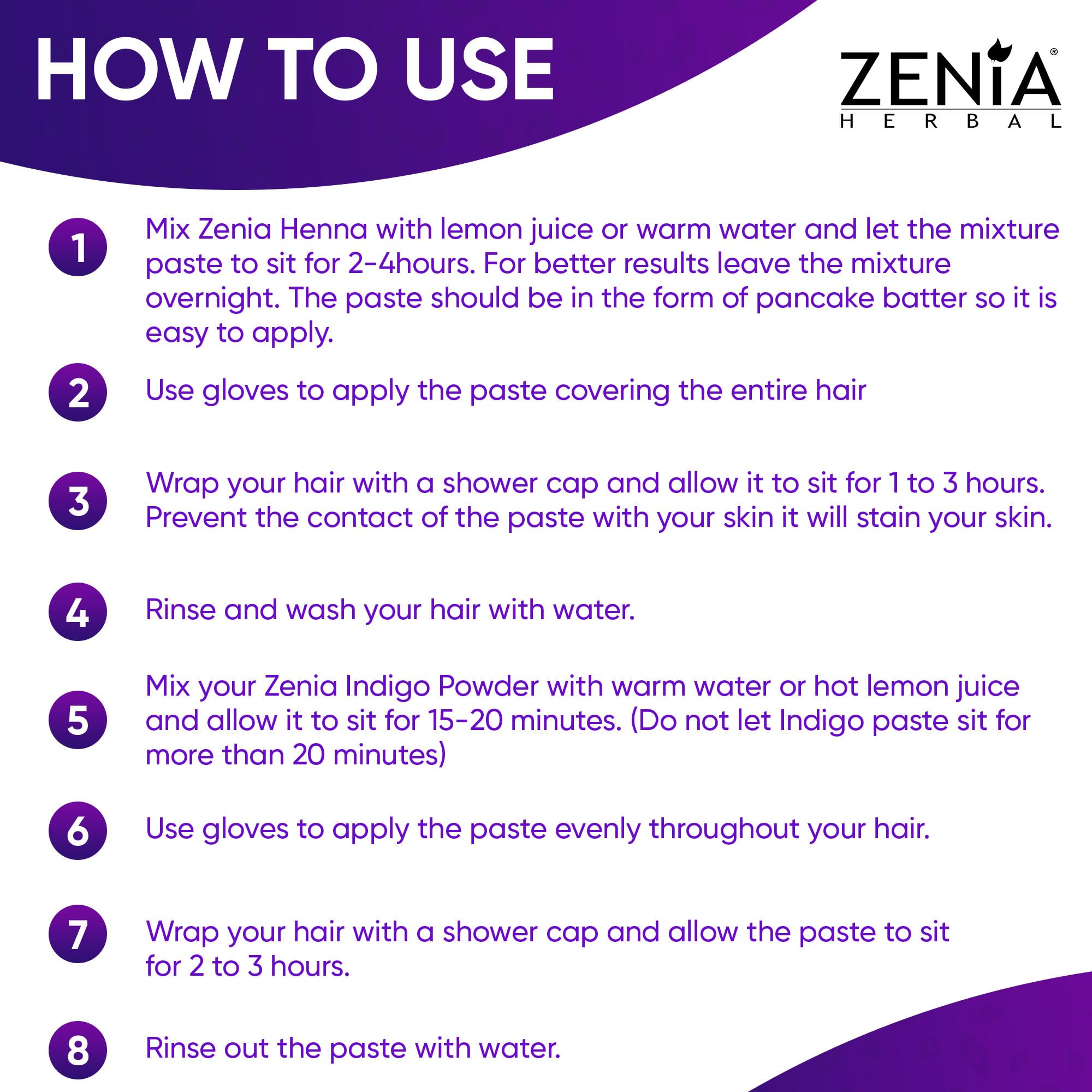 Zenia Indigo powder henna-step demonstration highlighting color depth