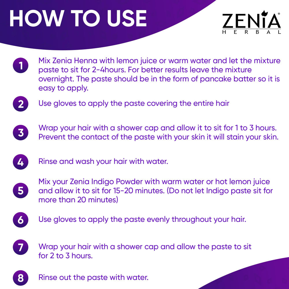 Zenia Indigo powder henna-step demonstration highlighting color depth
