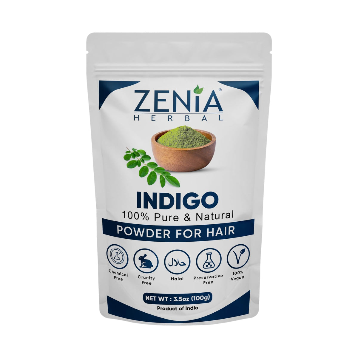 Zenia Indigo powder pack shot showing pure pigment for natural hair color