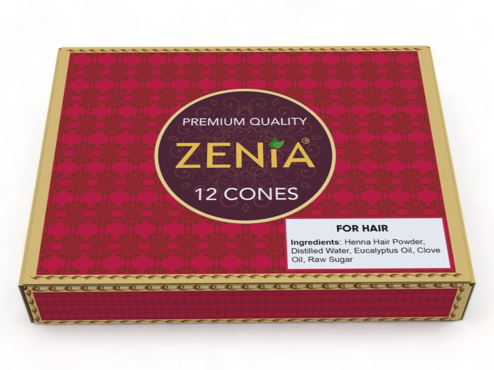 Zenia ready-to-use henna cones closeup highlighting convenient home hair color.