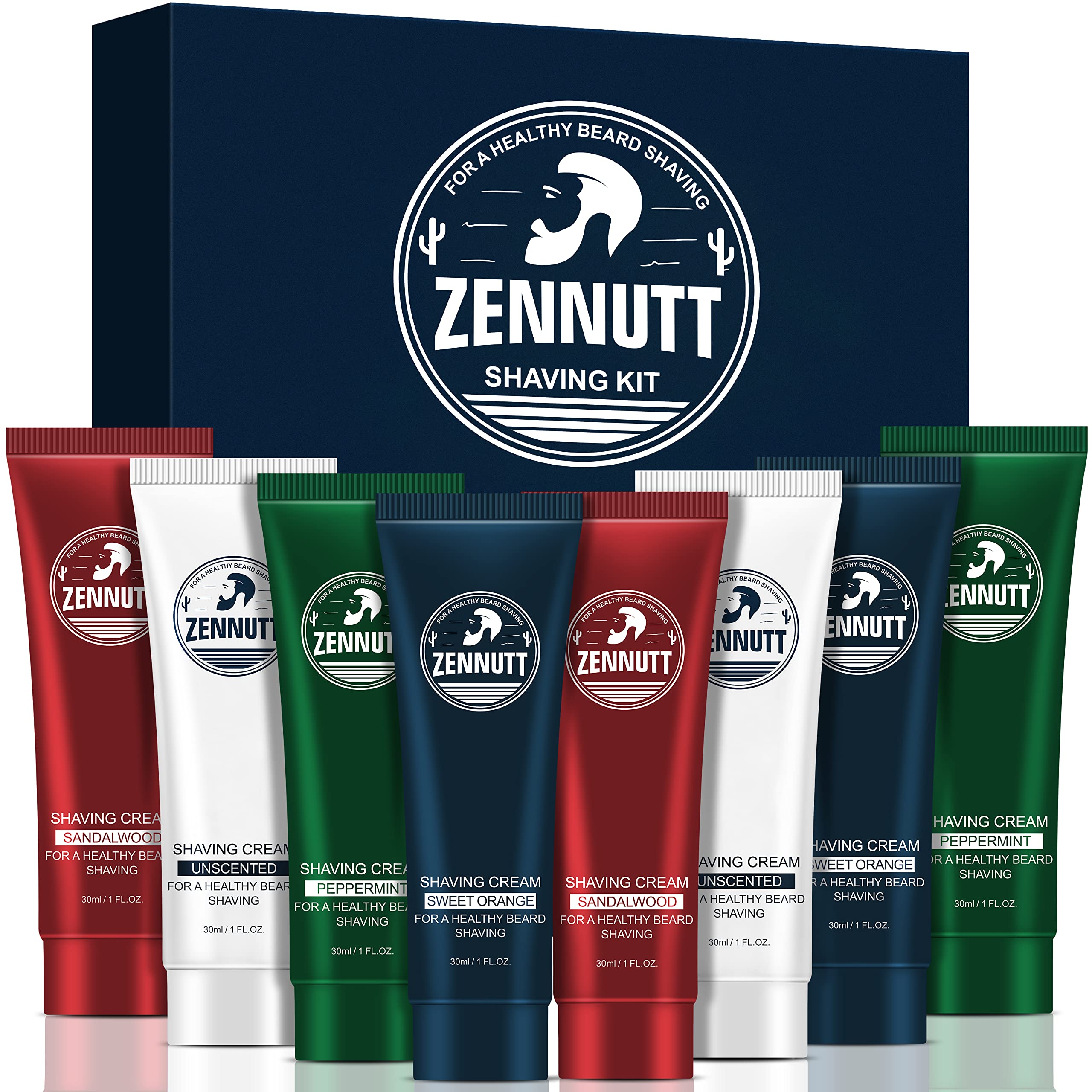 ZENNUTT shaving cream set gift box shows eight travel packs for versatile gifting.