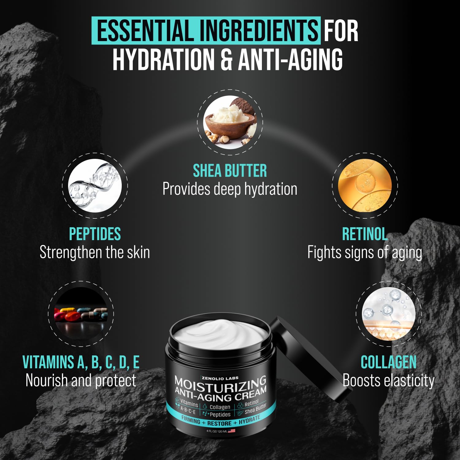 Zenolio Labs crema con vitaminas E y A para renovación suave de la piel.