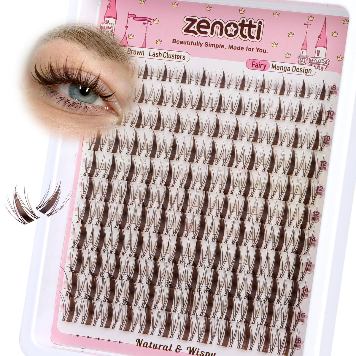 Zenotti brown lash clusters with invisible clear band for seamless manga eyelash look