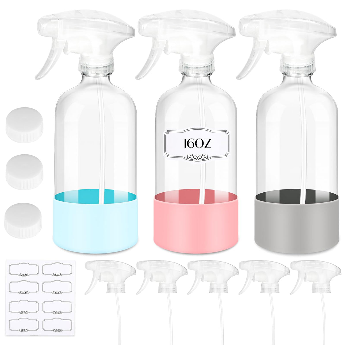 Zenowick 3-pack glass spray bottles with pink sleeve offer easy grip and controlled spray.