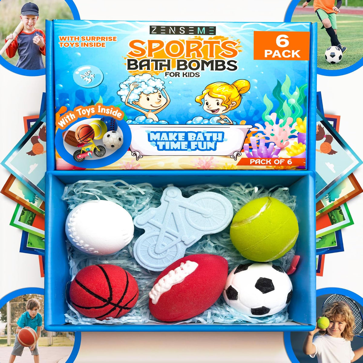 Bombas de baño ZenseMe con sorpresa deportiva para fomentar juego activo.