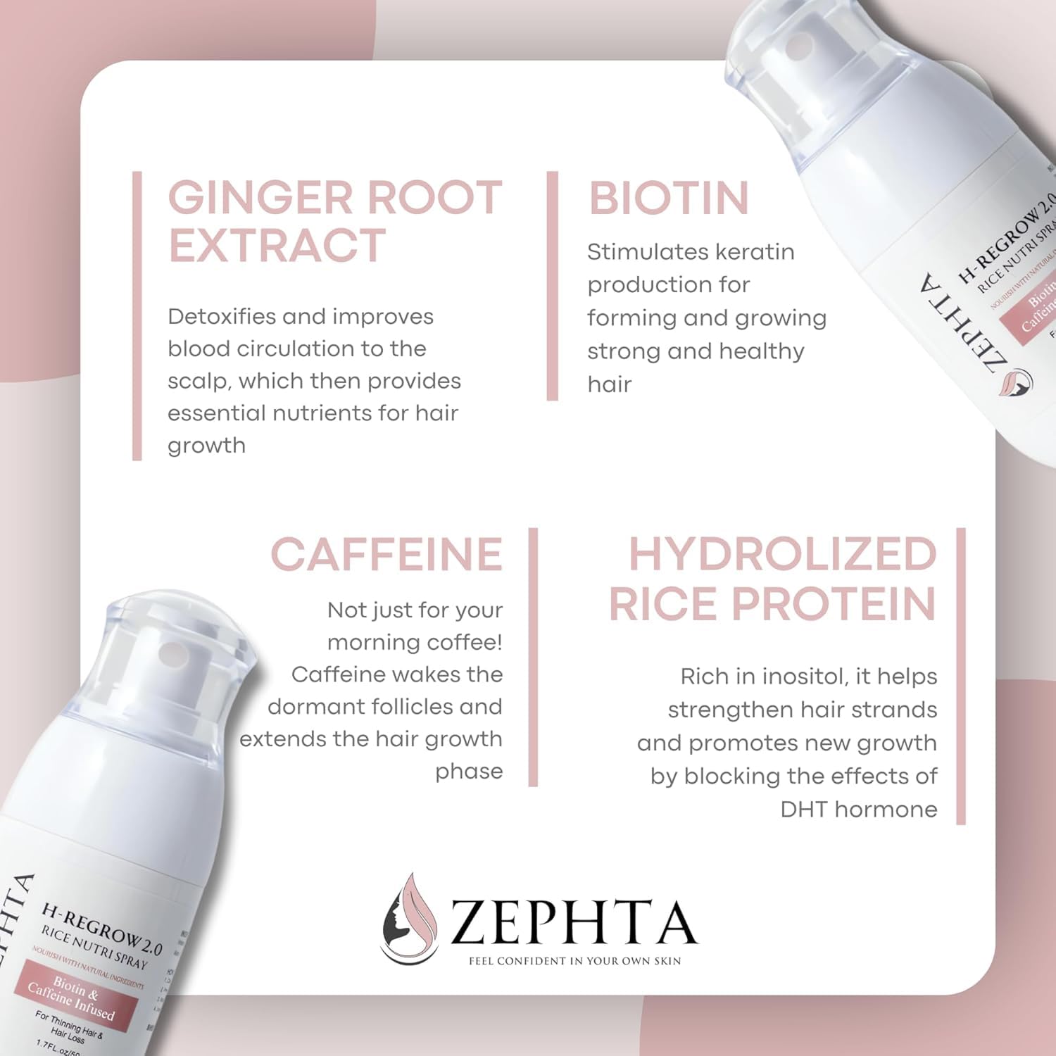 Zephta H-Regrow bottle shown on sink beside bathroom essentials.