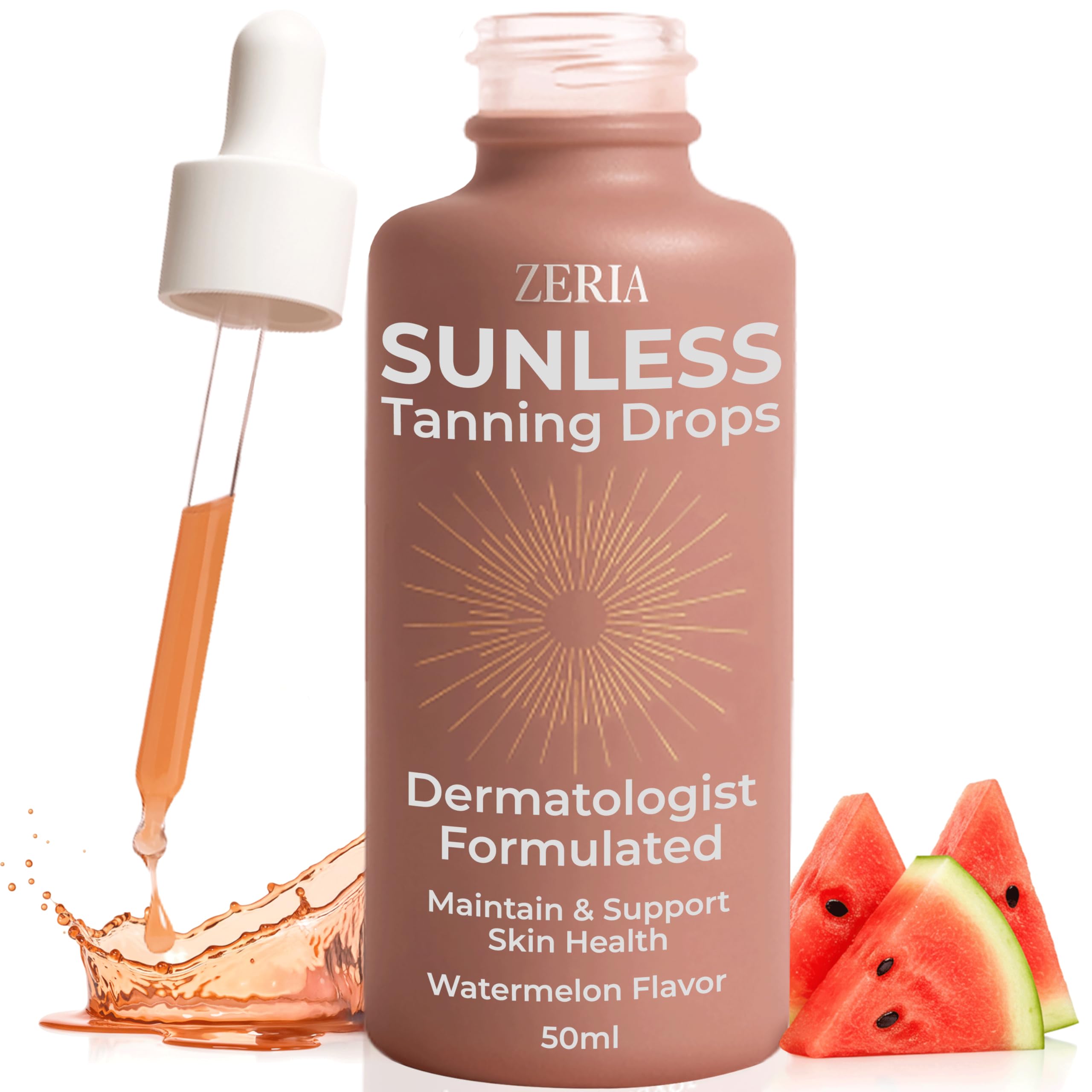 Zeria Gotas Bronceadoras para Beber: frasco mostrando dosis para un tono gradual.