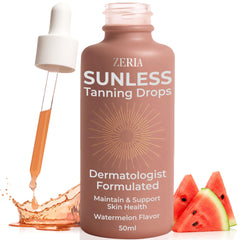 Zeria Gotas Bronceadoras para Beber: frasco mostrando dosis para un tono gradual.