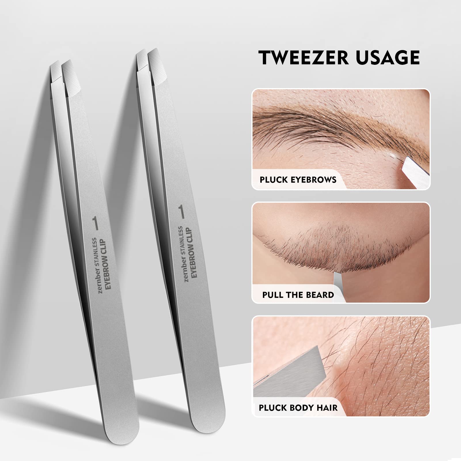 ZERNBER Tweezers Set features 25-degree angled tips for delicate facial shaping.