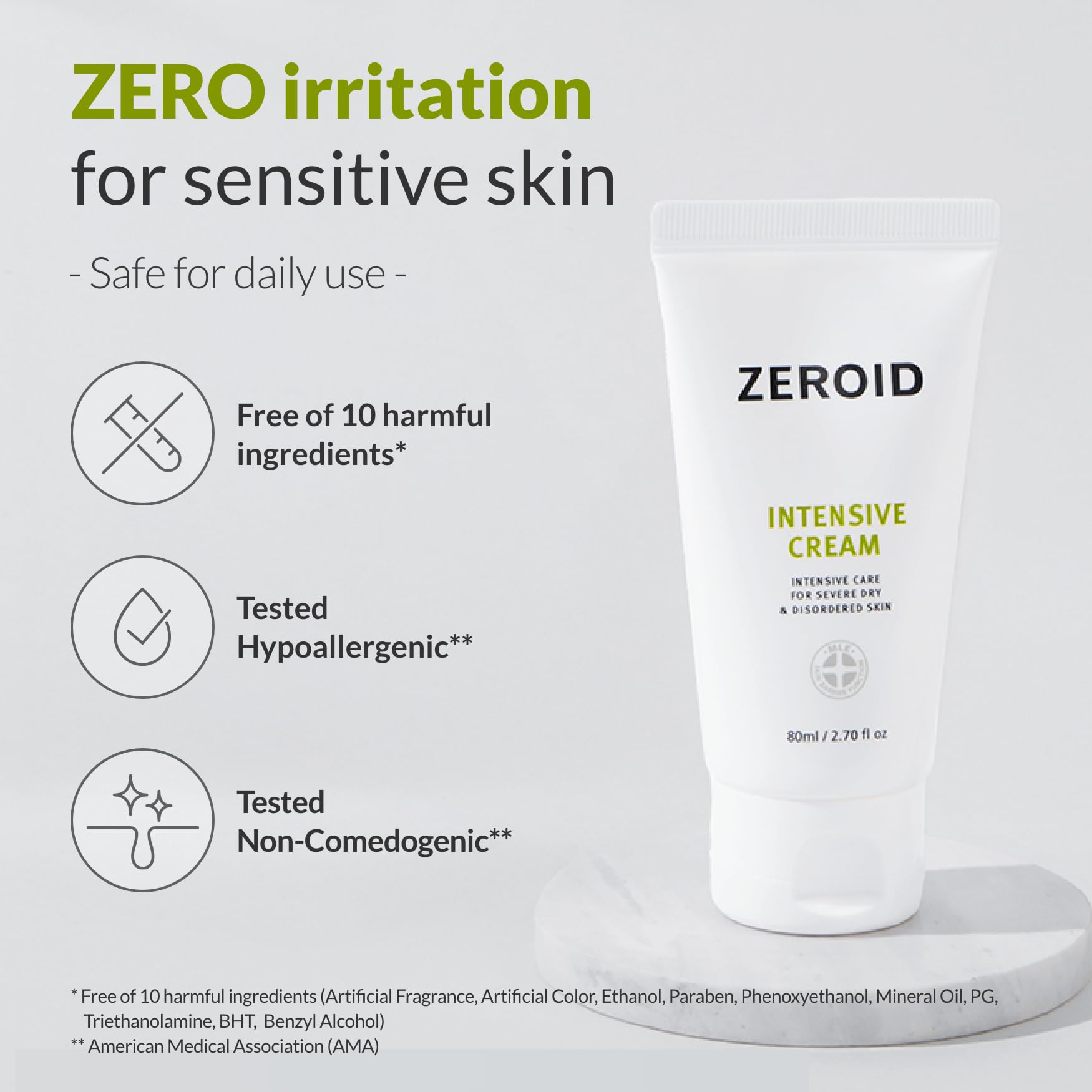 ZEROID Intensive Cream absorbed into skin leaves a soft, protected feel