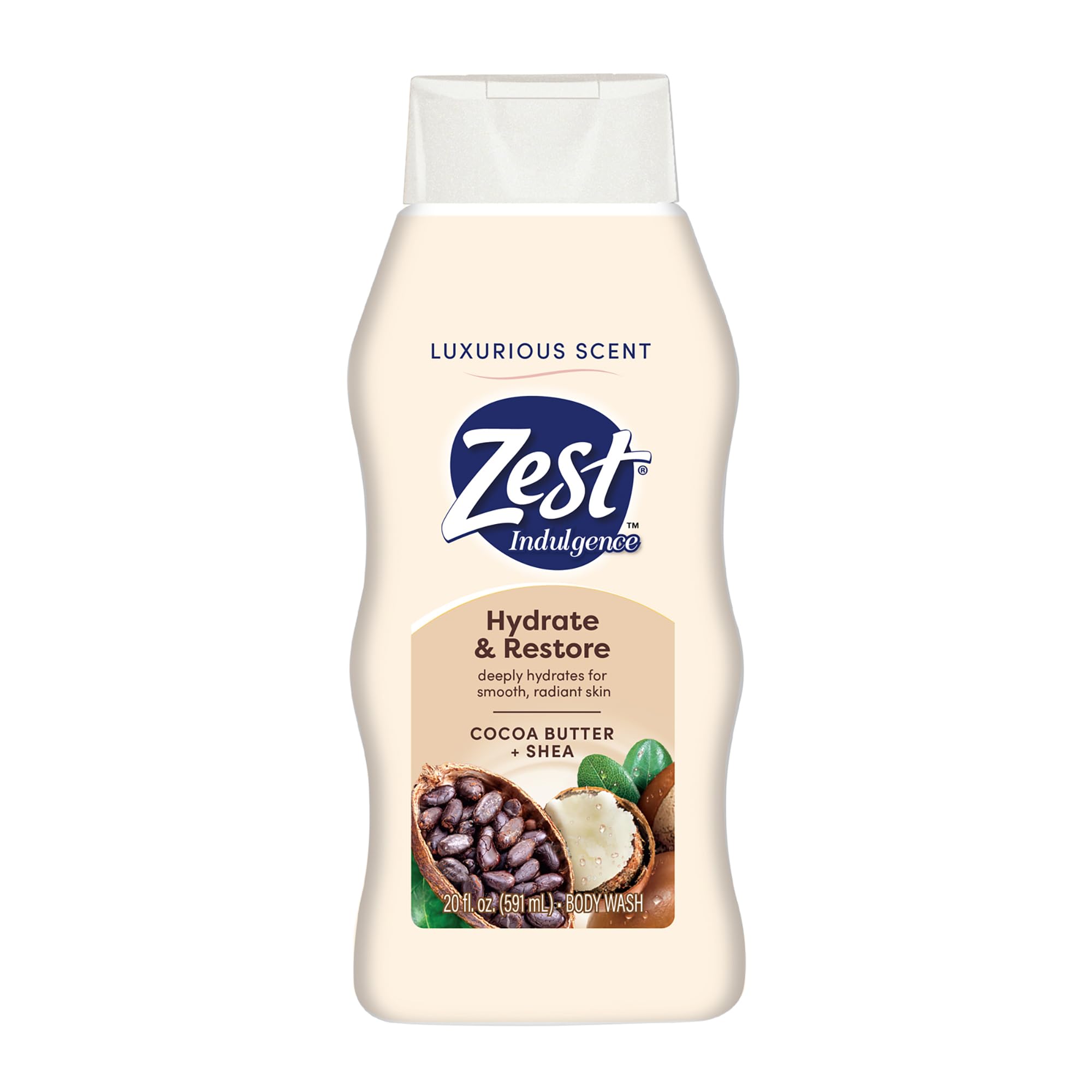 Zest con manteca de cacao y karité, botella vertiendo, hidratación profunda para la piel.
