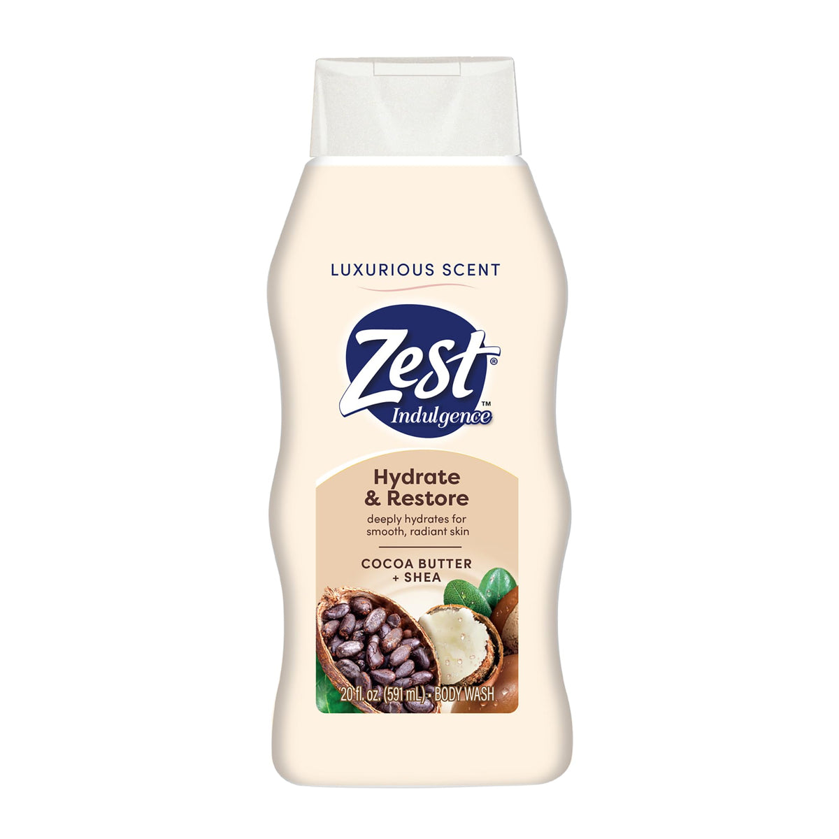 Zest con manteca de cacao y karité, botella vertiendo, hidratación profunda para la piel.