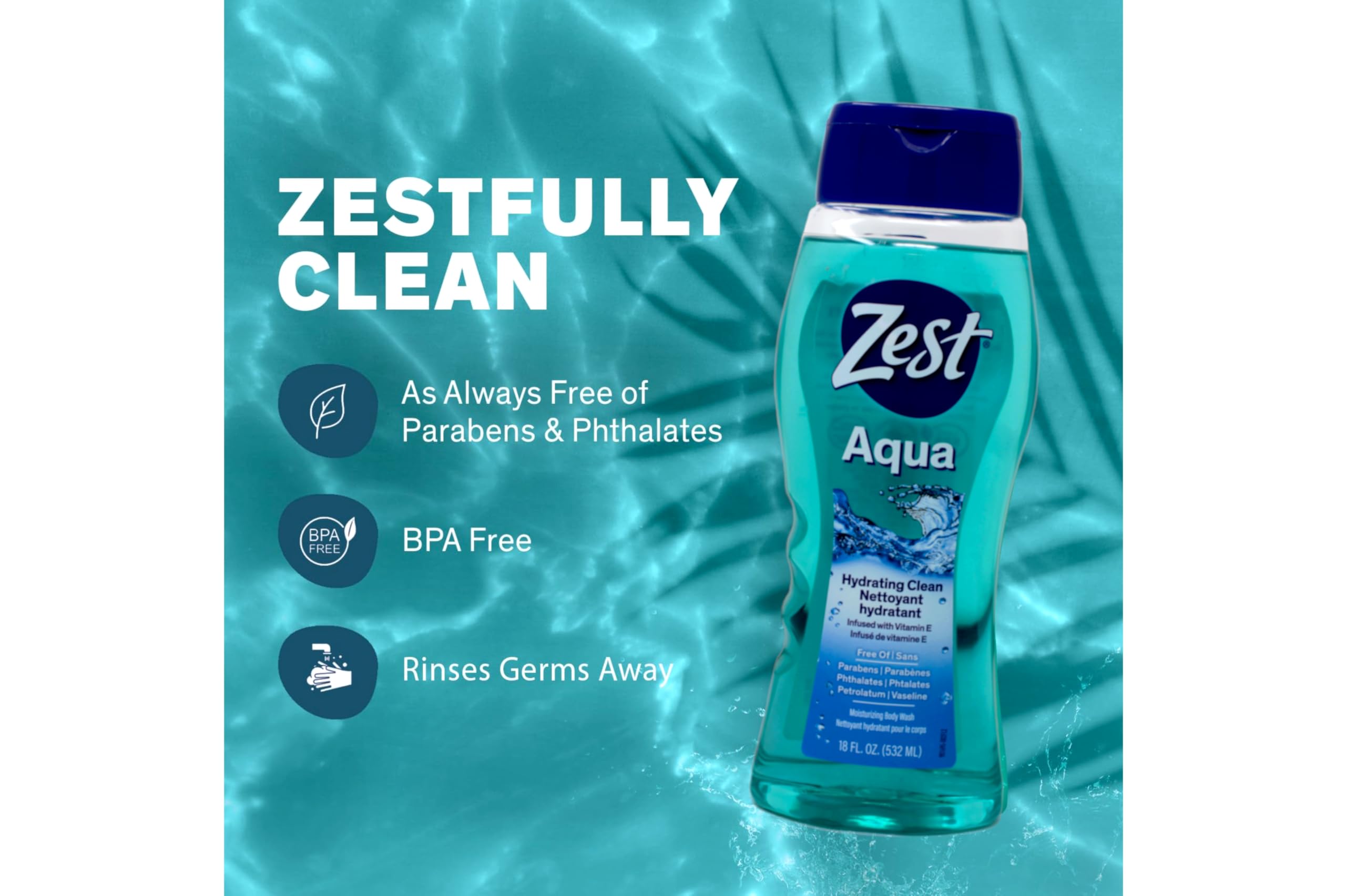 Zest Hydrating Body Wash Aqua on bathroom shelf ready for daily use.
