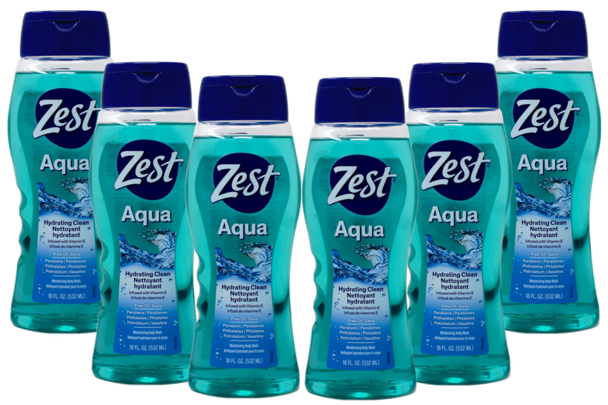Zest Hydrating Body Wash Aqua bottle front view shows vitamin E hydration for soft skin.