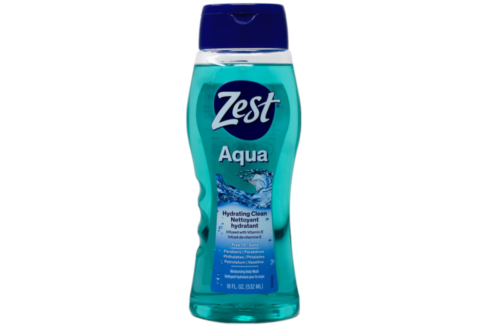Zest Hydrating Body Wash Aqua pump bottle highlights easy lather for daily use.