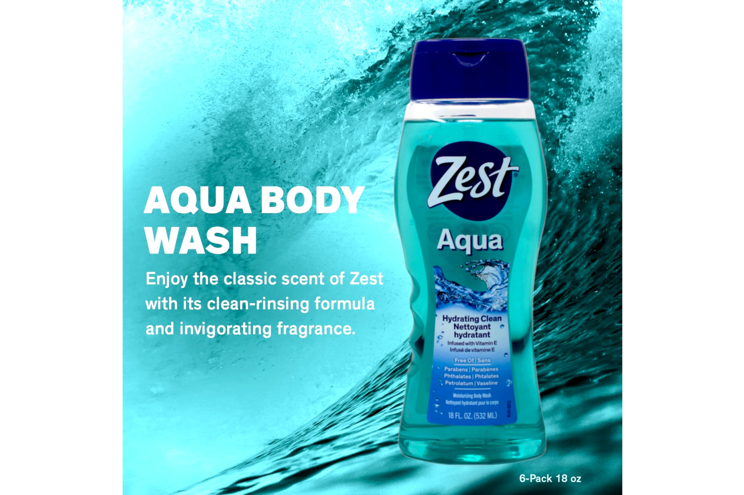 Zest Hydrating Body Wash Aqua paraben-free formula supports clean routines.