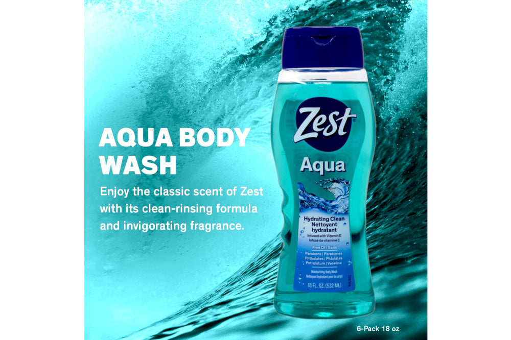 Zest Hydrating Body Wash Aqua paraben-free formula supports clean routines.