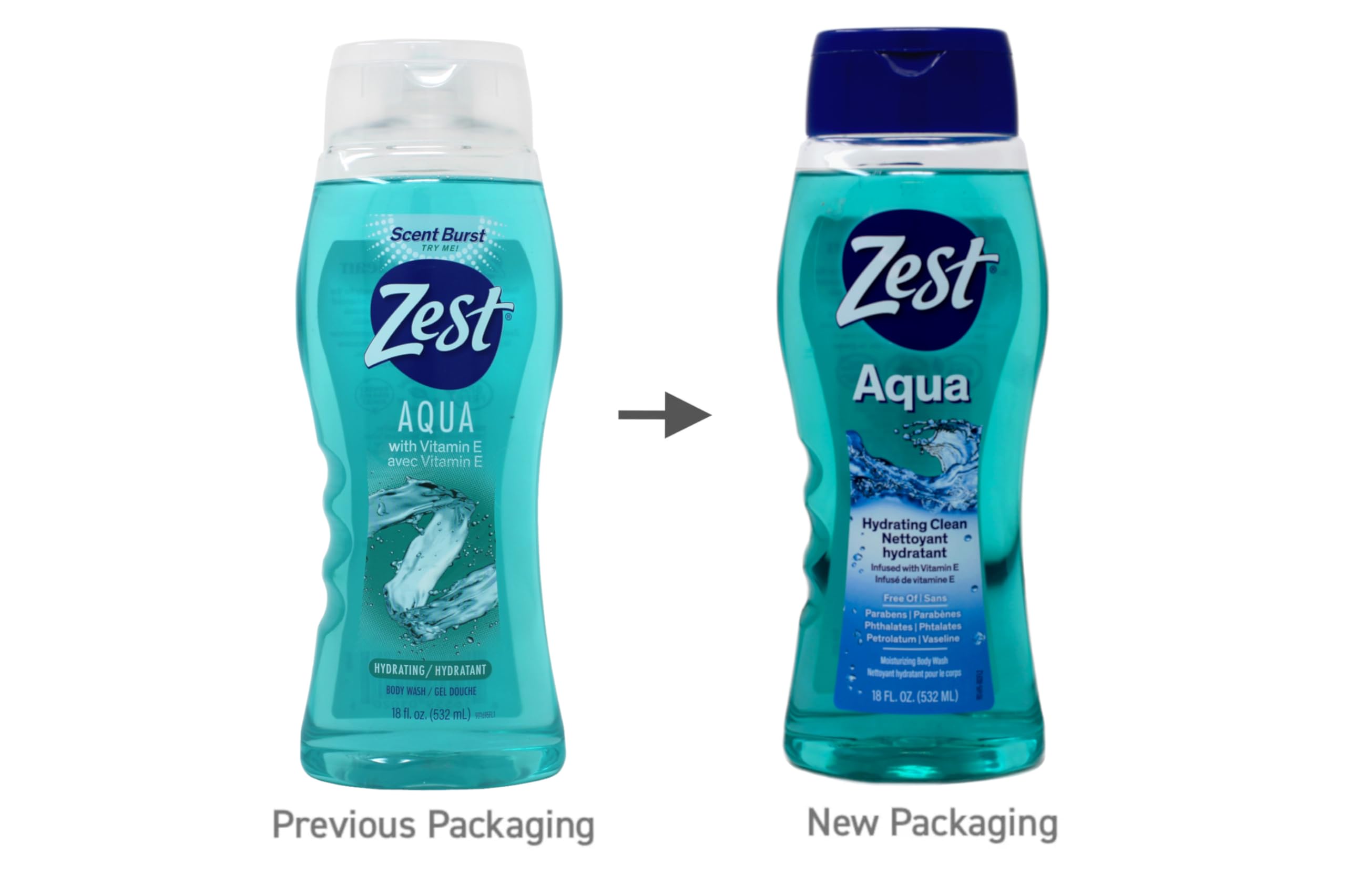 Zest Hydrating Body Wash Aqua close-up highlights vitamin E moisturizing formula.