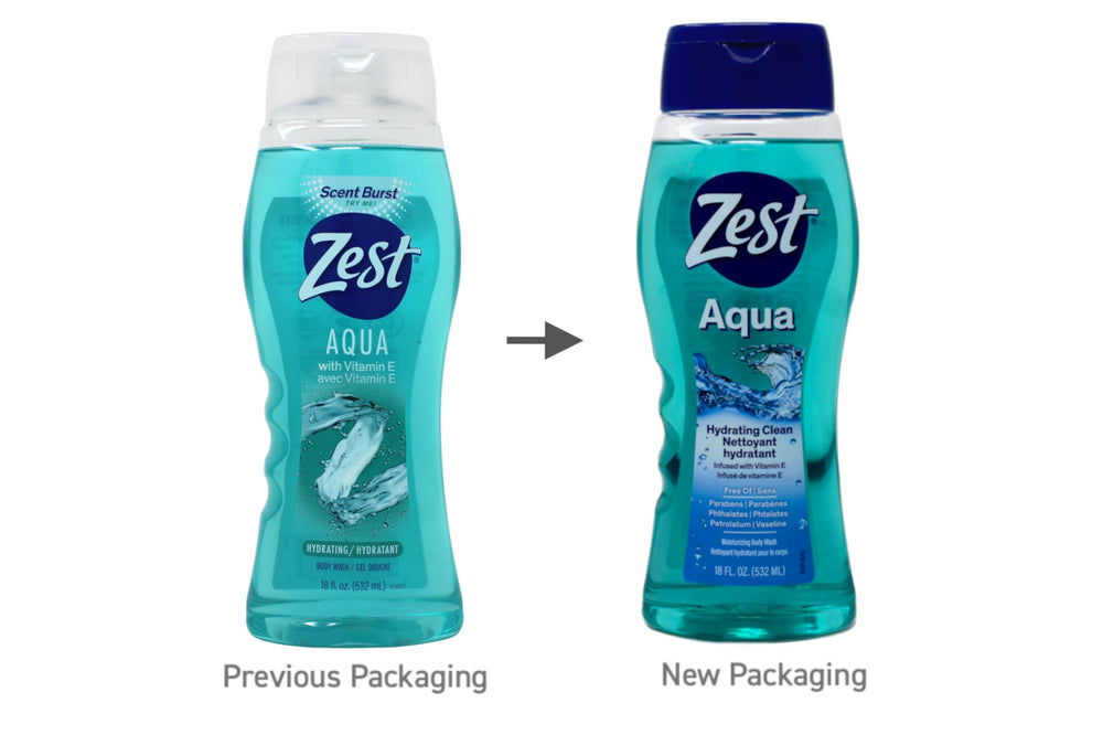 Zest Hydrating Body Wash Aqua close-up highlights vitamin E moisturizing formula.
