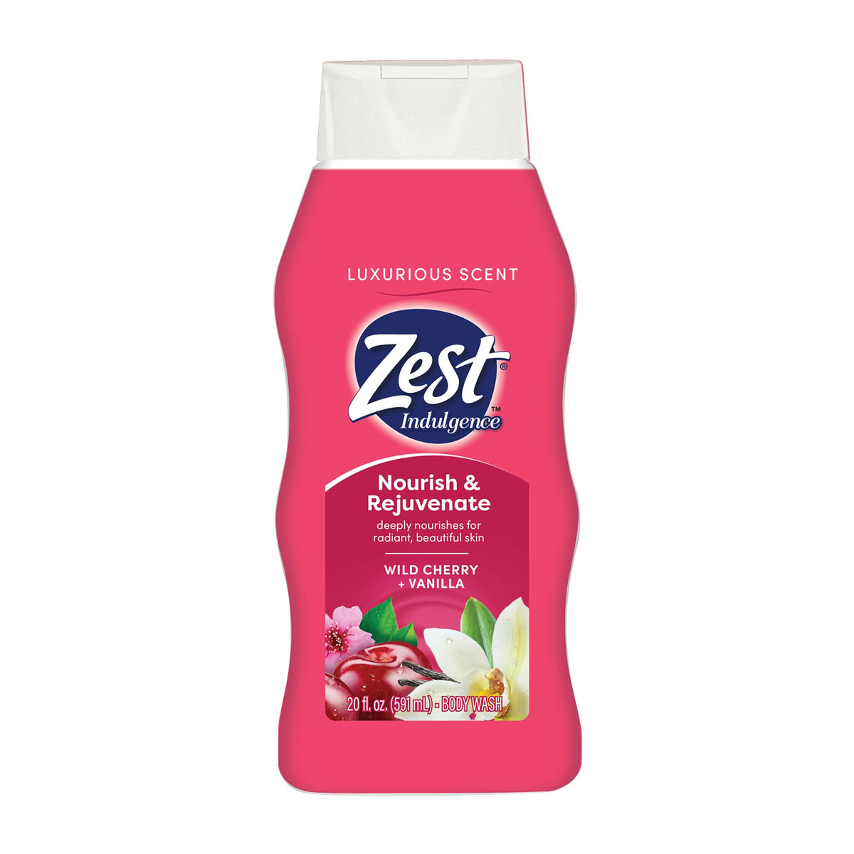Zest Wild Cherry and Vanilla body wash bottle pour delivering a hydrating cleanse