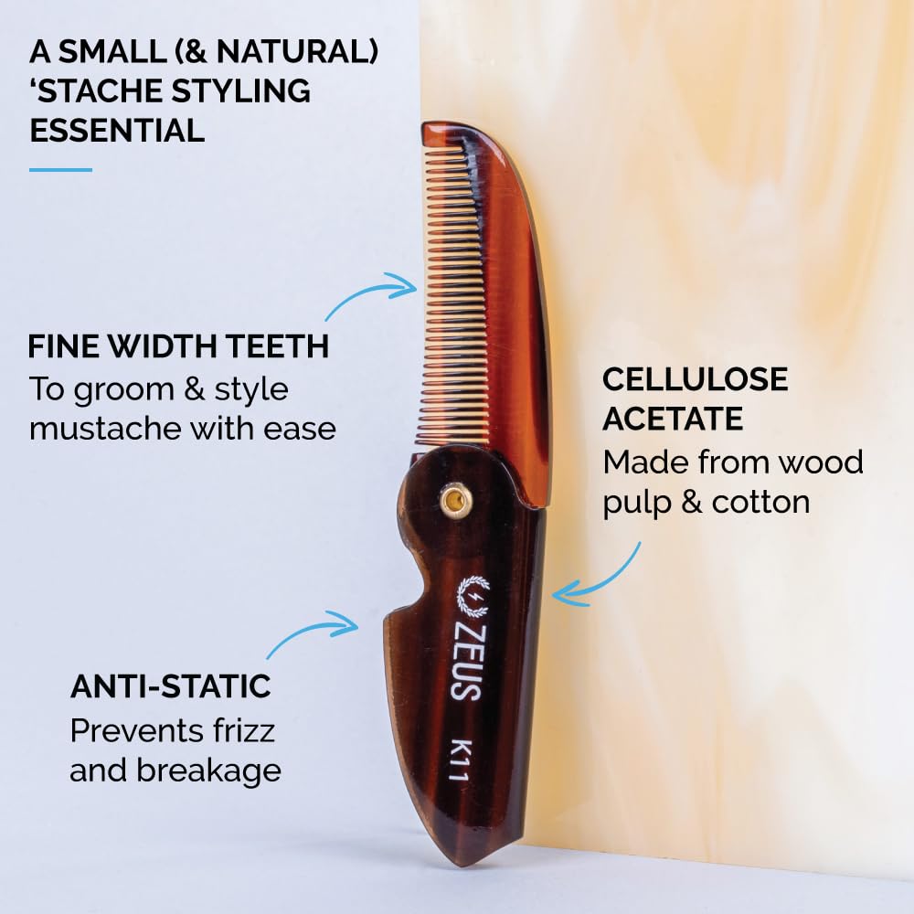 ZEUS folding mustache comb closed for pocket-ready grooming on travel days