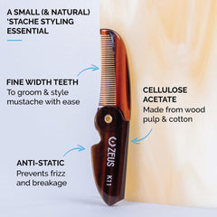 ZEUS folding mustache comb closed for pocket-ready grooming on travel days