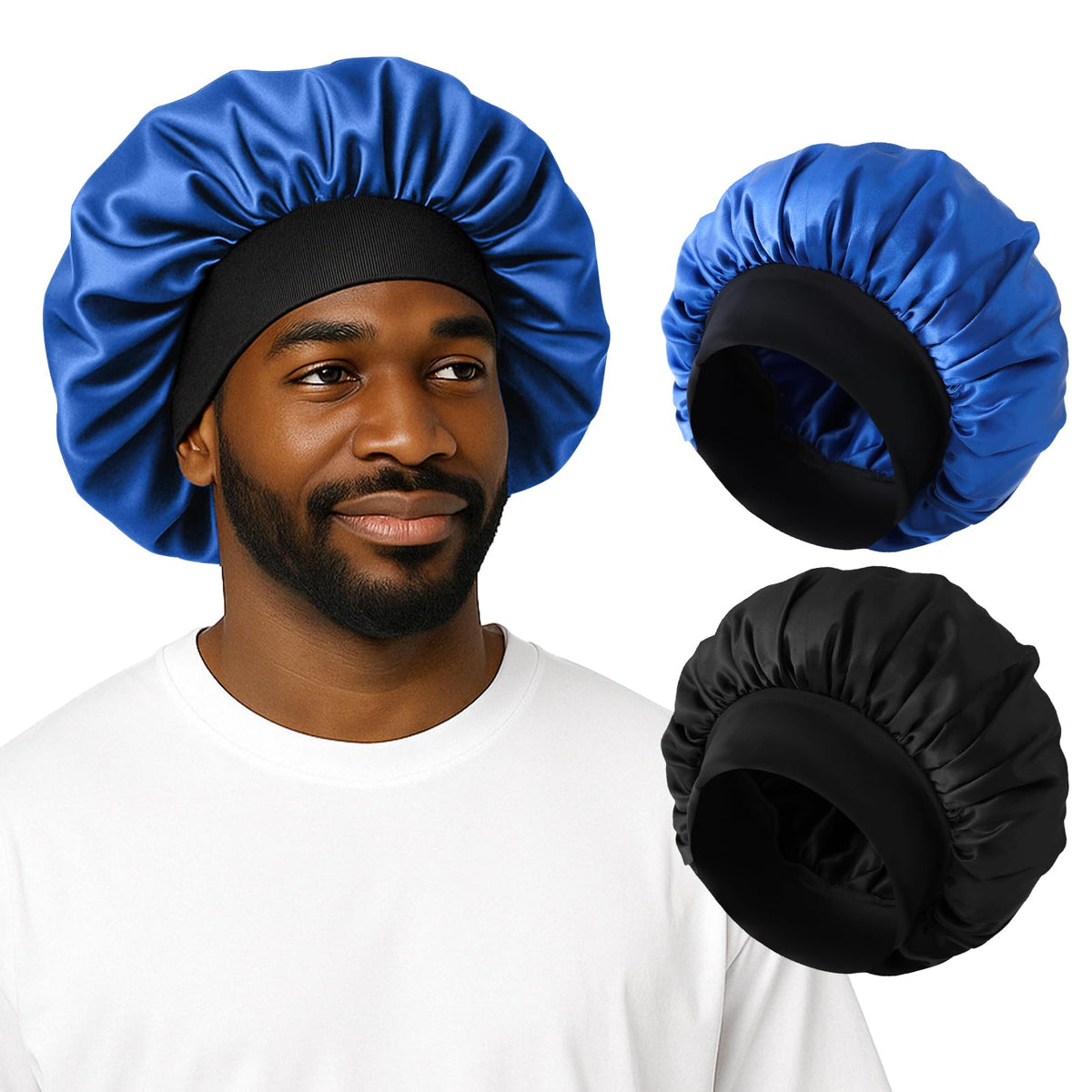ZHENSILK silk satin bonnet for men in black reduces friction and protects curls overnight.