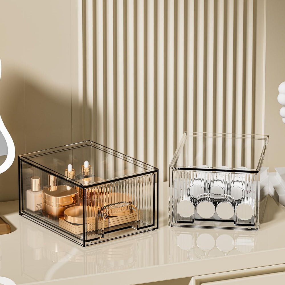 ZHIAI makeup brushes and palettes organized in clear acrylic drawer for quick access.