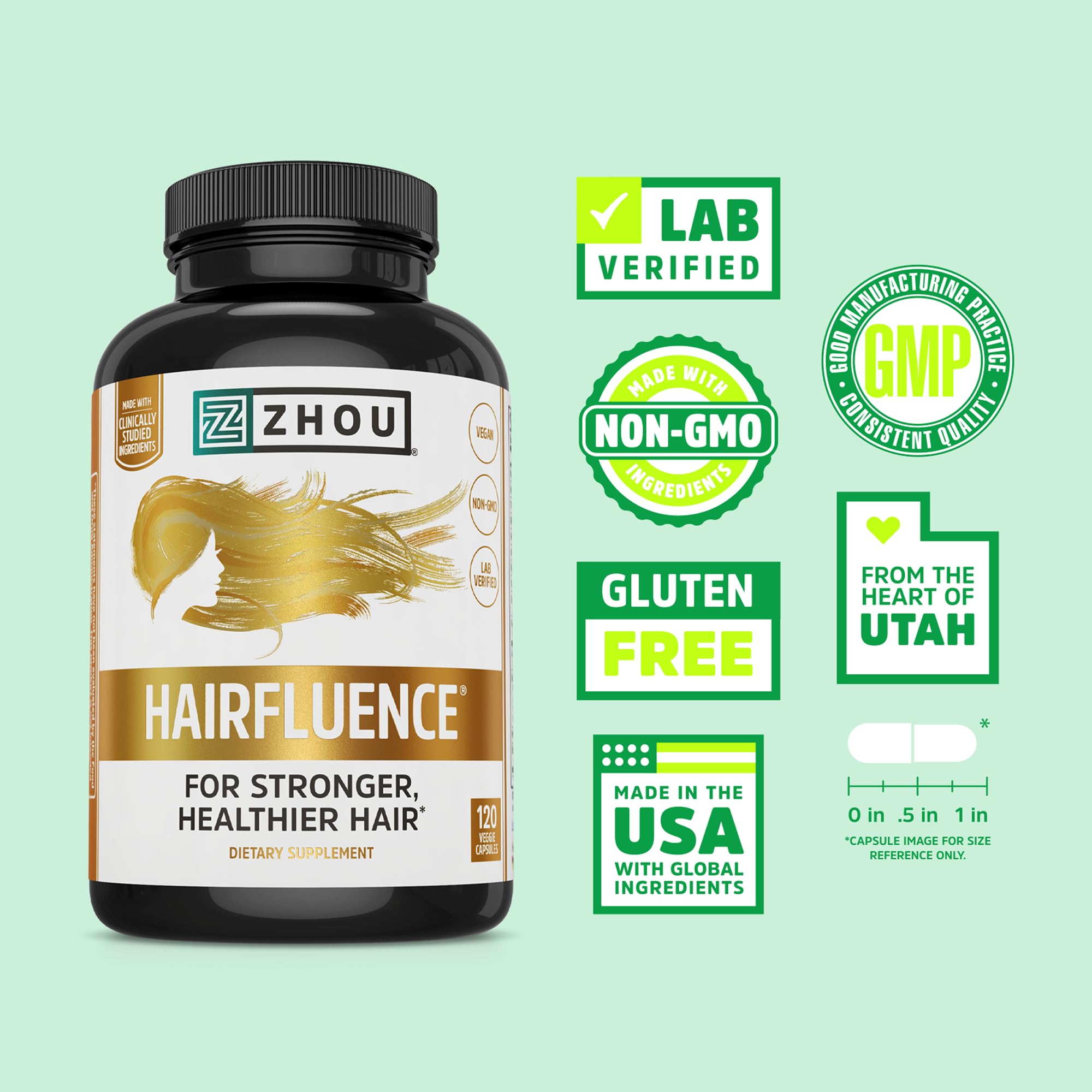 Close-up of Hairfluence capsules highlighting biotin and keratin formula.