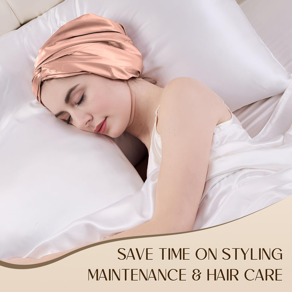 ZIMASILK blush pink silk cap resting on pillow highlights bedtime luxury for restful routines.