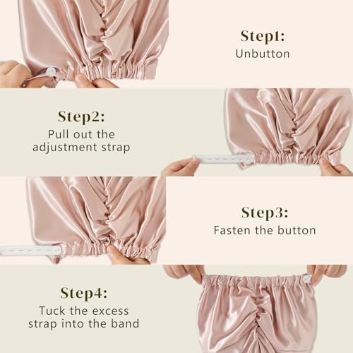 ZIMASILK silk bonnet on head demonstrates secure wrap for peaceful sleep.