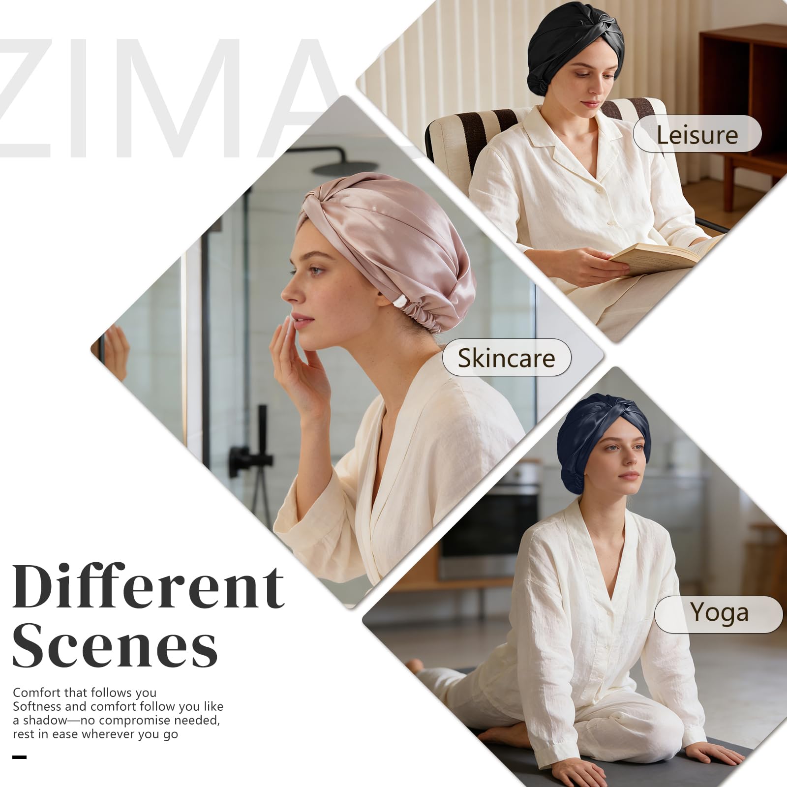 ZIMASILK silk cap on bed supports comfortable nighttime wear.