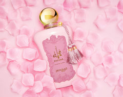 Zimaya Fatima pink EDP on vanity, suggesting daytime versatility