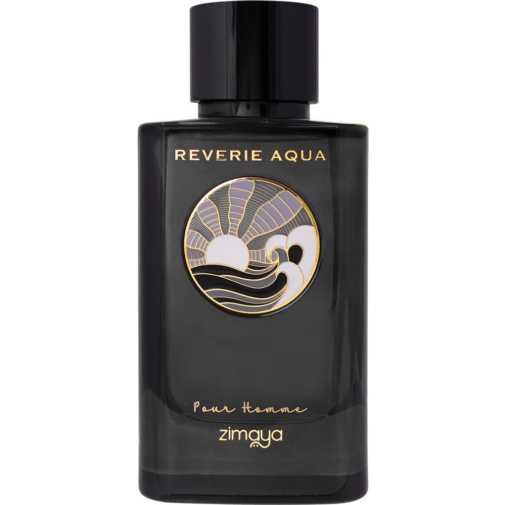 Zimaya Reverie Aqua Pour Homme bottle front, suggesting fresh sophistication for daily wear