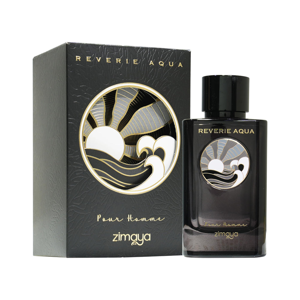 Zimaya Reverie Aqua Pour Homme bottle side view, elegant profile for confident evenings