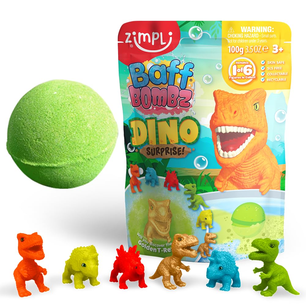 Zimpli Kids large dino surprise bath bomb reveals hidden dinosaur toy during bath time.