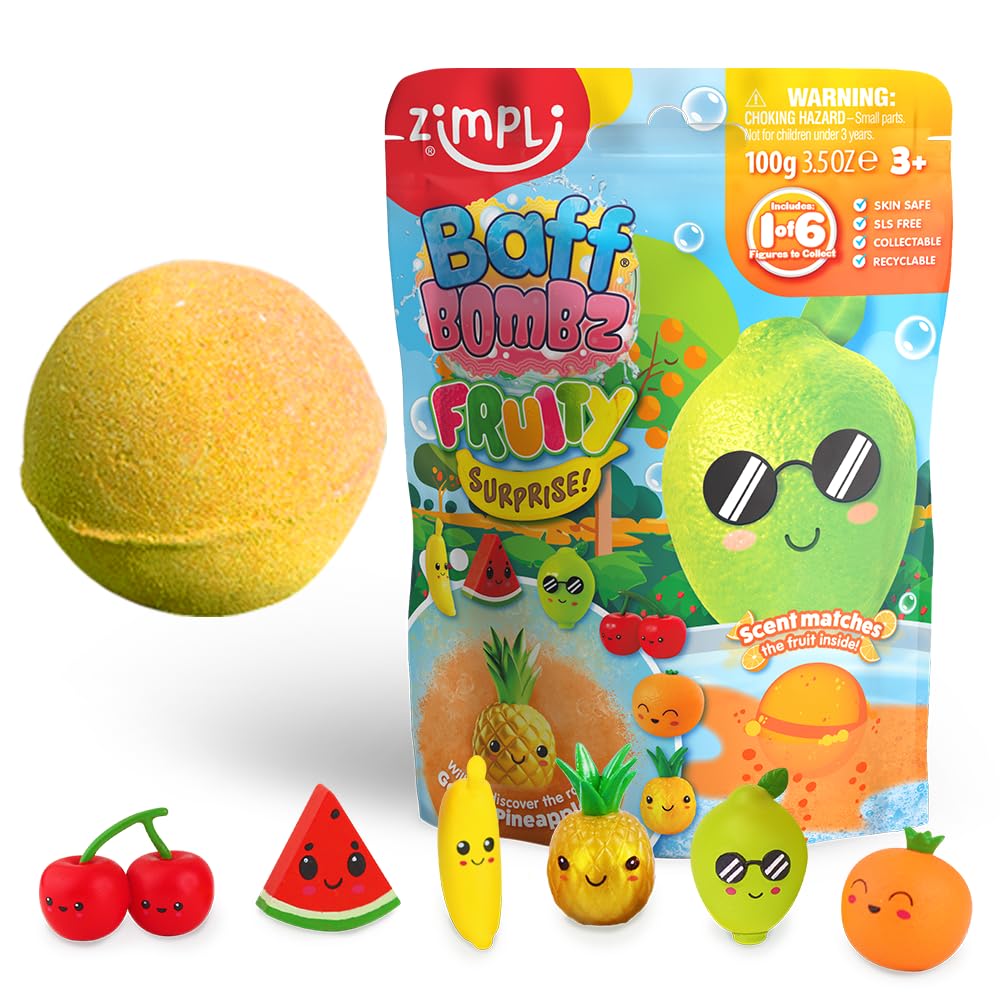 Zimpli Kids large fruity surprise bath bomb reveals a collectable toy during bath time.