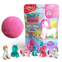 Bomba de baño ZIMPLI Kids unicornio grande con sorpresa, revela la figura en el agua.