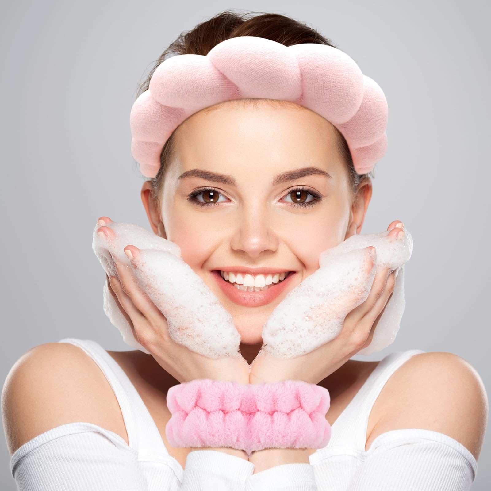 Muñeca Zkptops pulsera de espuma rosa, ideal para mantener el cabello fuera de la cara.
