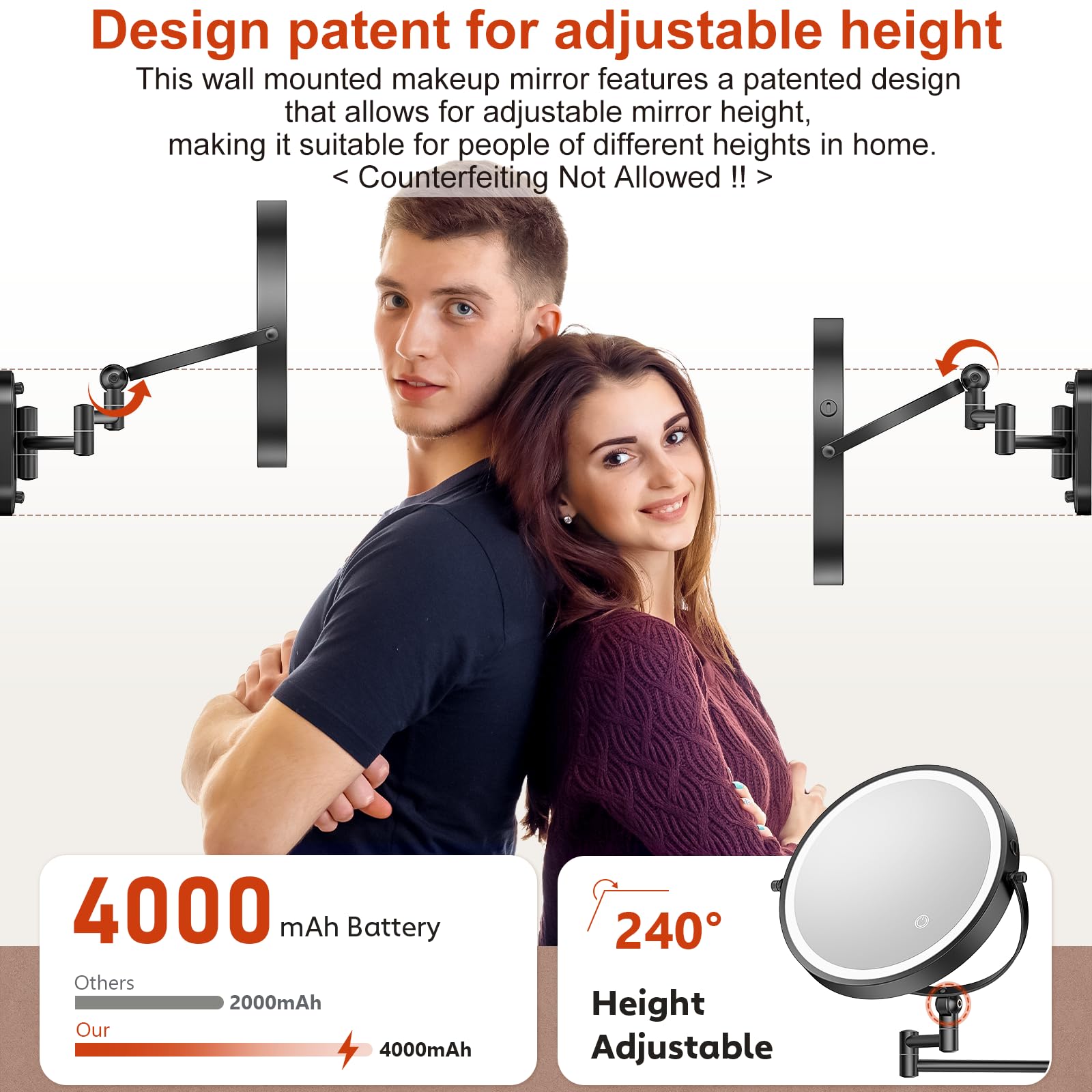 ZLOKLA lighted mirror with 360-degree rotation for versatile viewing during routine